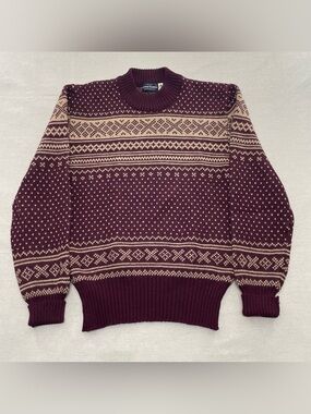 VINTAGE Boston Traders Knit Sweater Mens L Burgundy Tan Wool Fair Isle Fisherman